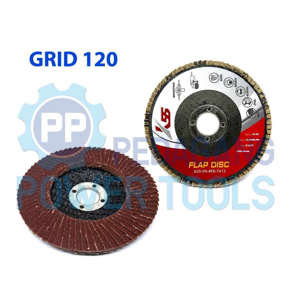 K55 FLAP DISC GRIT 120 MATA GERINDA 4&quot; AMPLAS BESI SUSUN TUMPUK KIPAS