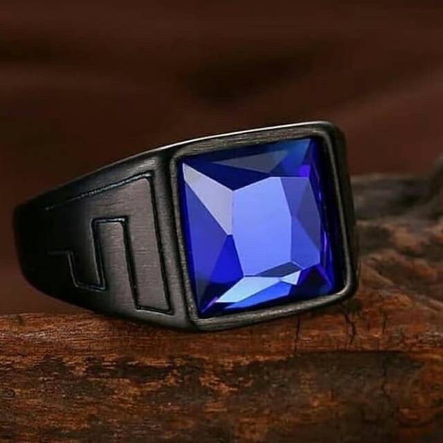 Cincin Pria Blue Saphire Octagon King Safir Red Rubi Ring Titanium Stainless Steel Black Platted High Quality