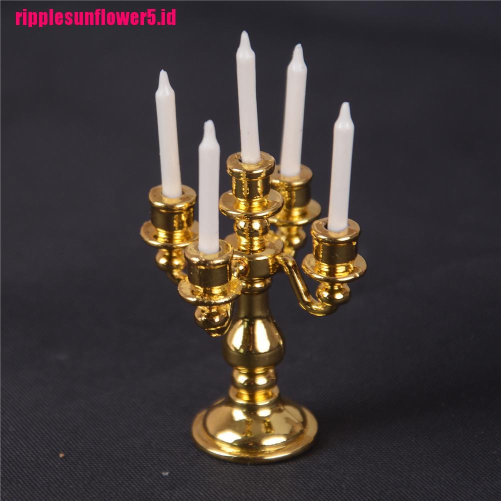 Mainan Miniatur Candelabra Emas + 5 Lilin Putih Skala 1: 12 Untuk Dekorasi Dapur Rumah Boneka