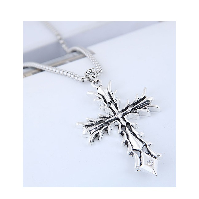 LRC Kalung Fashion Silver Metal Flame Cross Long Necklace A57451