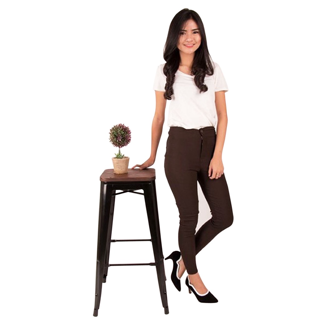 BESS - Celana Highwaist Cotton Strench Wanita - COKLAT TUA