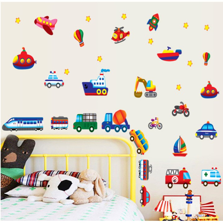 RELIZA WALLSTICKER TRANSPORTATION BUS, CAR, PLANE N TRAIN KIDS WALL STICKER DINDING AY7212