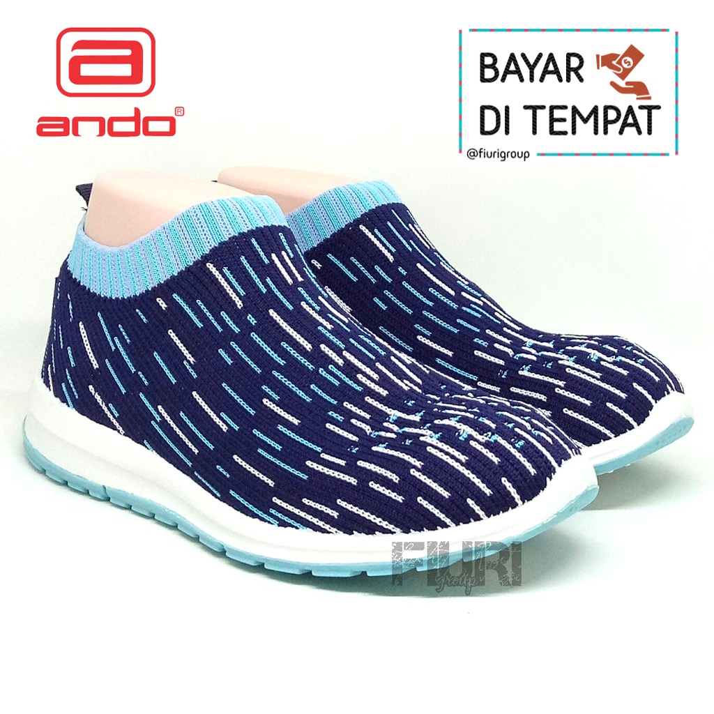 FIURI - ANDO Original SOFFIE Navy Biru Tosca 37-40 - Sepatu Olahraga Lari Wanita - Sepatu Sekolah - Sepatu Ando - Sepatu Sneakers Kuliah Senam Gym Jogging Sport Wanita - Sepatu Casual - Sepatu Rajut Slip On - Fashion Wanita