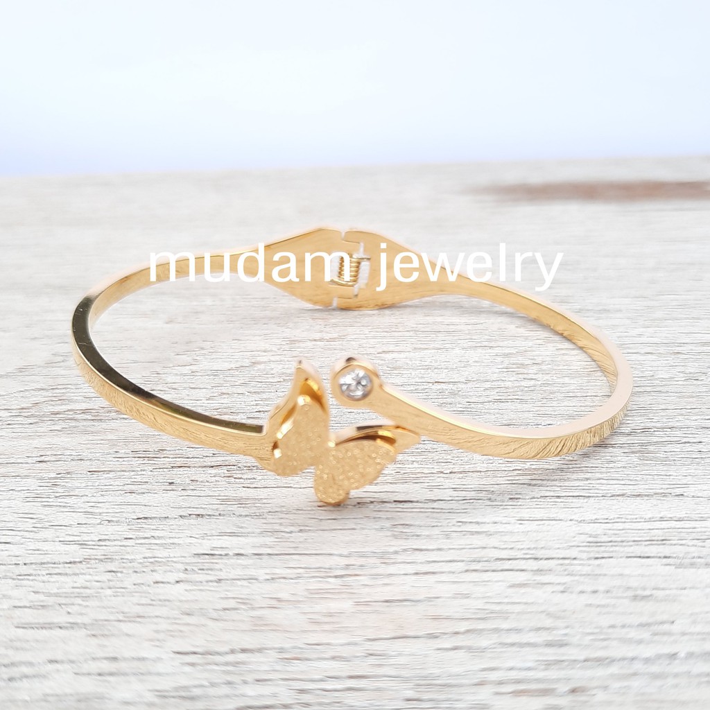 Gelang Bangle Titanium Model Butterfly With Diamond Artificial Tersedia Rosegold, Gold dan Silver
