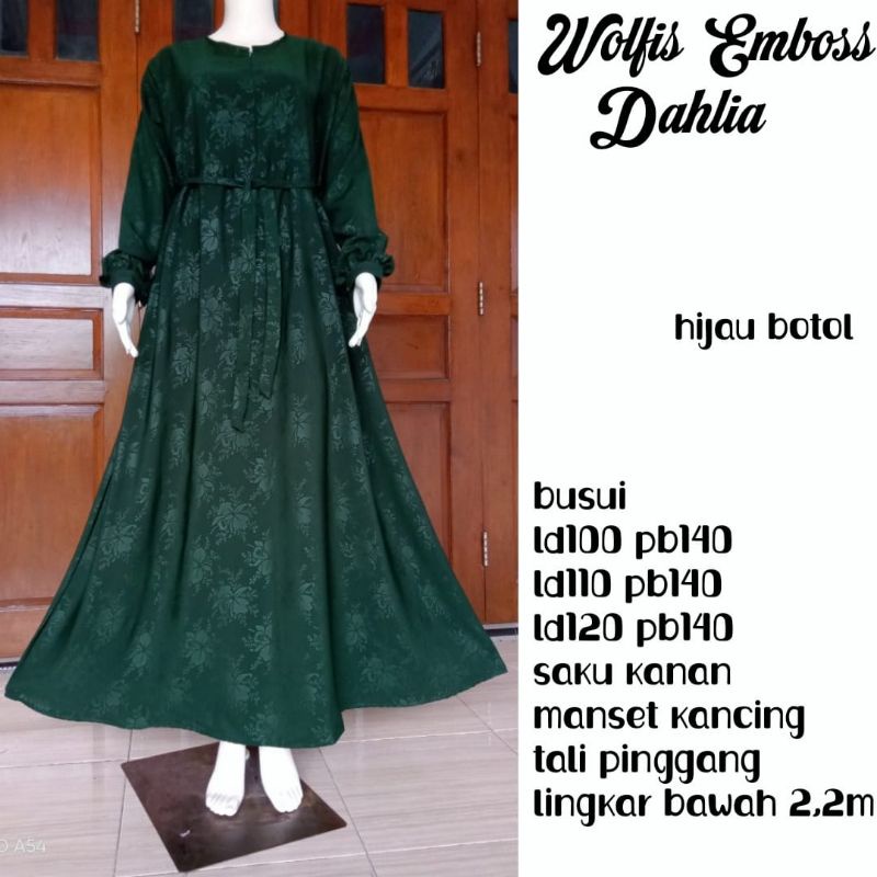 gamis syari wolfis embos motif-hijau botol dahlia