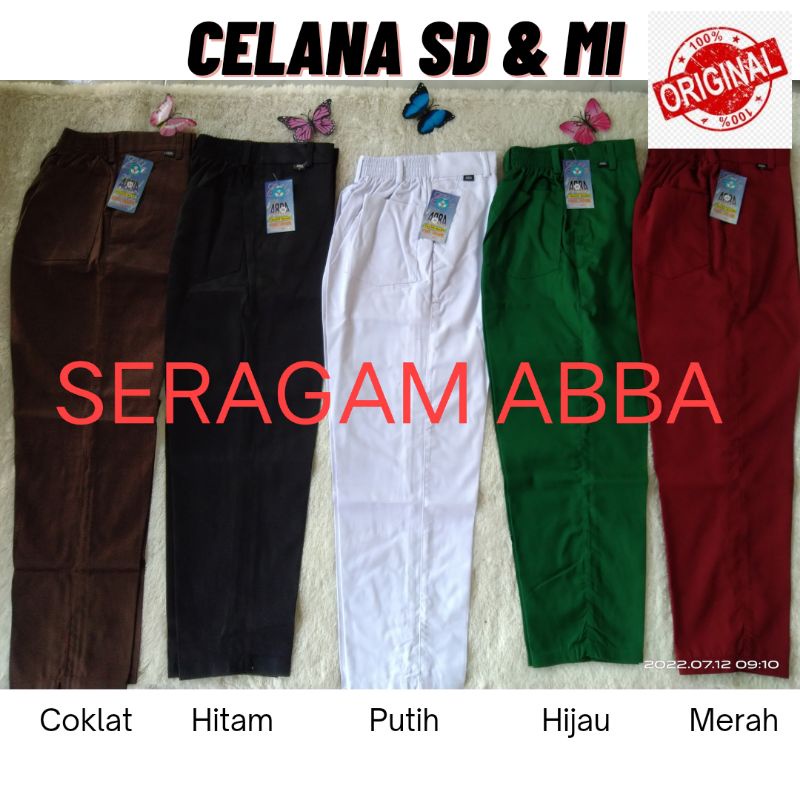 Celana Panjang Pinggang Karet SD Merah, Putih, Cokelat, Hitam, Hijau Merk ABBA