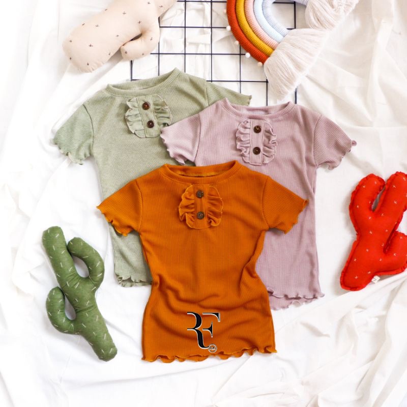 Baju atasan anak perempuan Blouse Rib Polos 1-6th !! Ruffle tee kancing ( Rajut F )