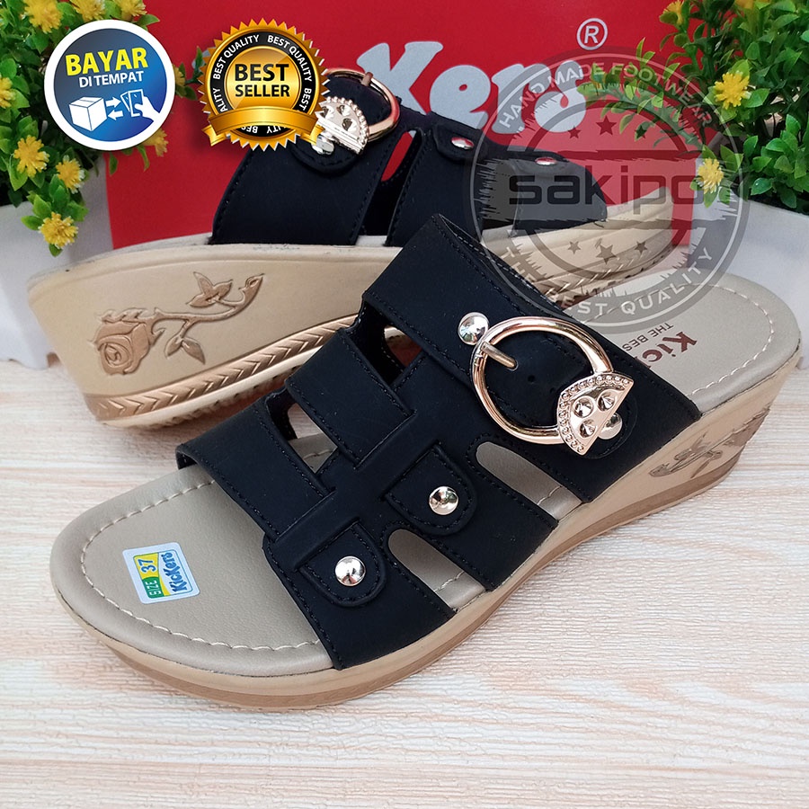 PROMO 12.12 BIRTHDAY SALE  SANDAL WANITA SLOP WEDGES BAN 3 KICKERS WARNA HITAM TERBARU MURAH NYAMAN DI PAKAI / SAKIPO