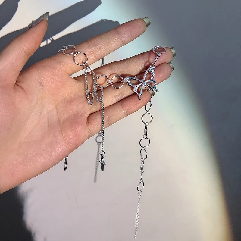 Kalung Choker Rantai Rumbai Desain Kupu-Kupu Gaya Hip Hop Punk Untuk Wanita