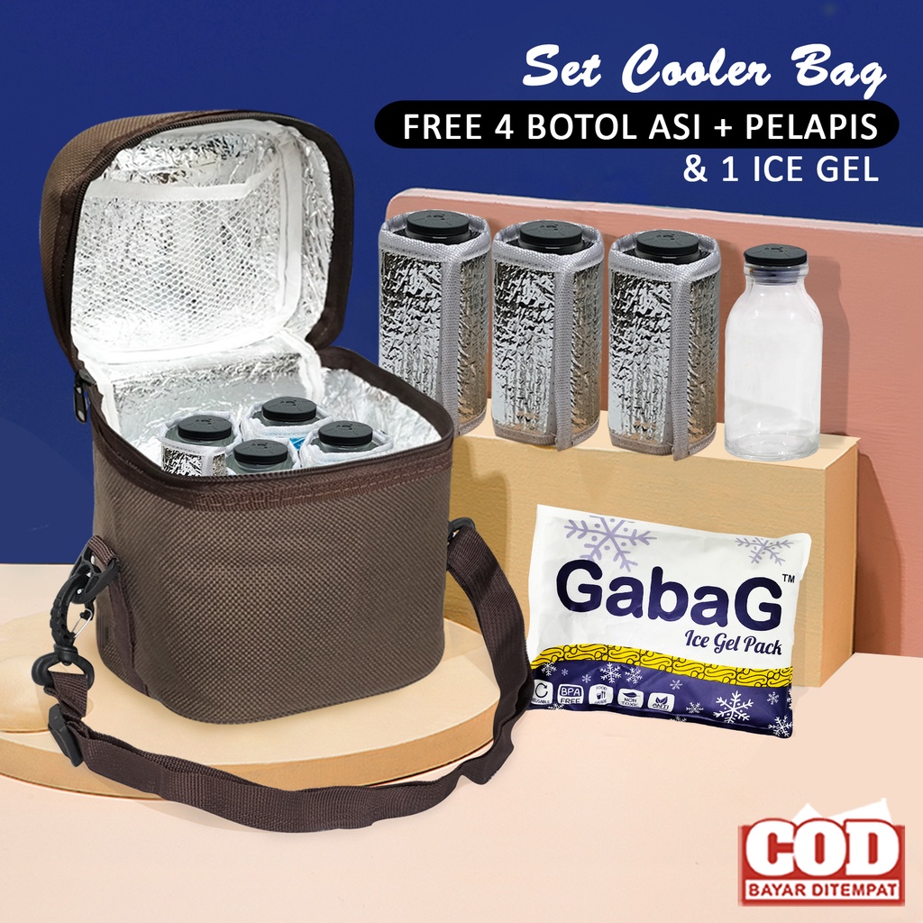 set cooler bag gratis botol asi + ice gel dan pelapis botol asip tas pendingin asi tali panjang inner aluminium foil