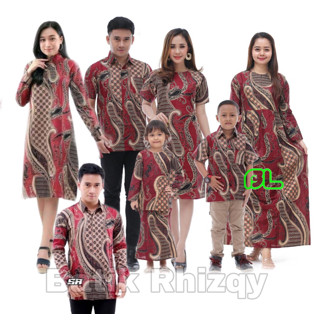 Batik Couple Set Pakaian Keluarga Family Katun M-Jumbo Motif Banyu Mili Merah Maroon