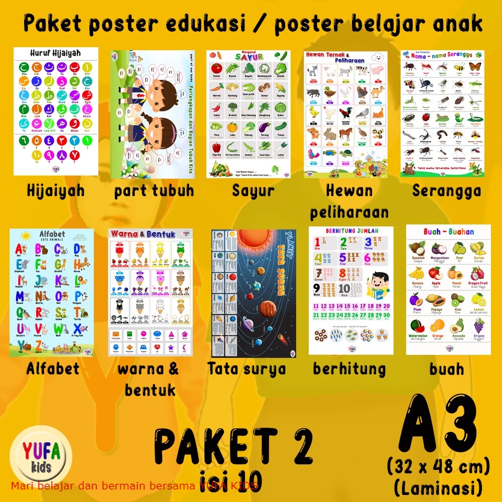 Poster paket 2 isi 10 - Poster Edukasi Anak - Poster belajar anak - Poster wipe and clean - perlengk