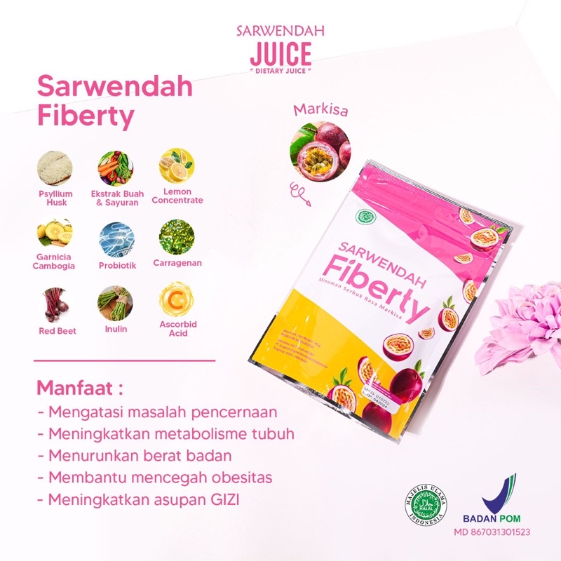 [ 45 GR ] FIBERTY DETOX SLIM &amp; HEALTH BY SARWENDAH / FIBER MINUMAN SERAT BPOM / MENGURANGI NAFSU MAKAN / MELANCARKAN BAB / MENURUNKAN BERAT BADAN / DETOX TUBUH