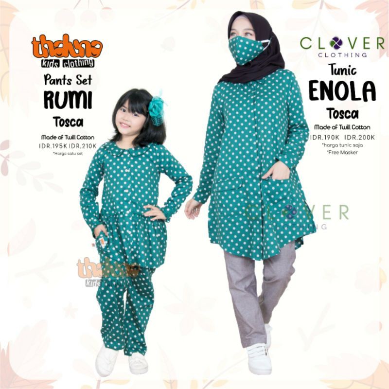 baju couple tunik ibu dan setelan celana anak rumi motif polkadot tln clv