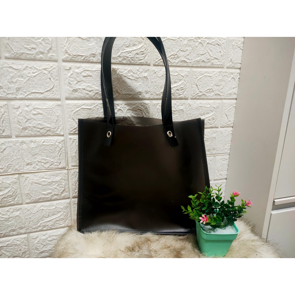 tas mika dop hitam /putih tebal mika humpers tali sintetis 30x12x25 cm bisa custom