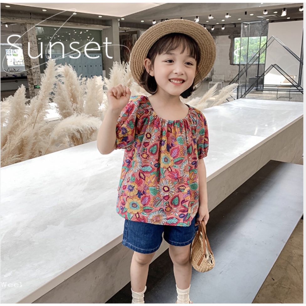 babyfit [3-8thn] MARGHA baju setelan celana jeans pendek anak perempuan blus square neck import al-1025r