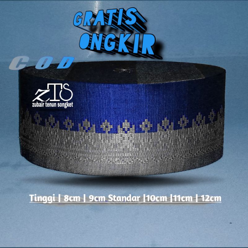 Peci Songket Kain Dasar Biru abu Motif Cerek Silver Zubair Tenun Songket Medan Sumatra Utara