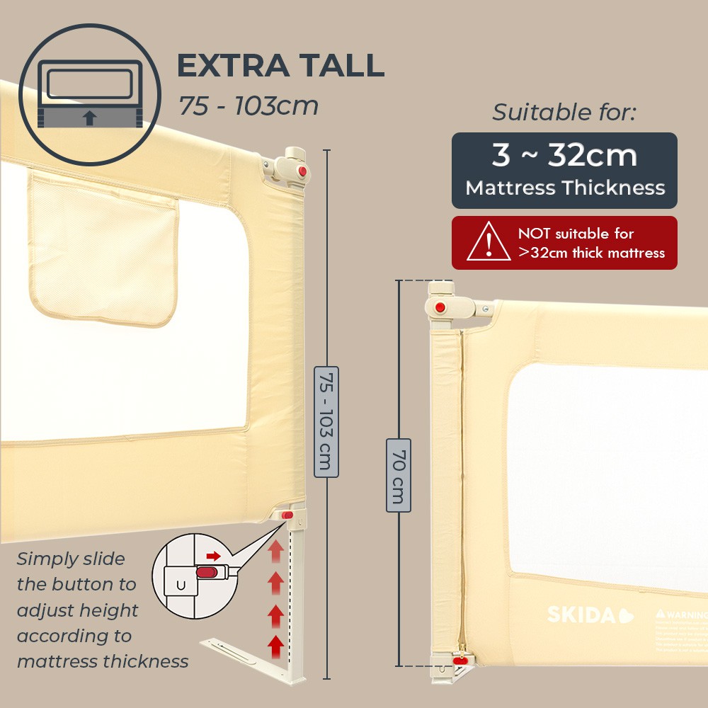 Skida 160cm Extra Tall Slide Down Bedrail Pagar Pengaman Ranjang Kasur Anak Bayi - Beige / Grey