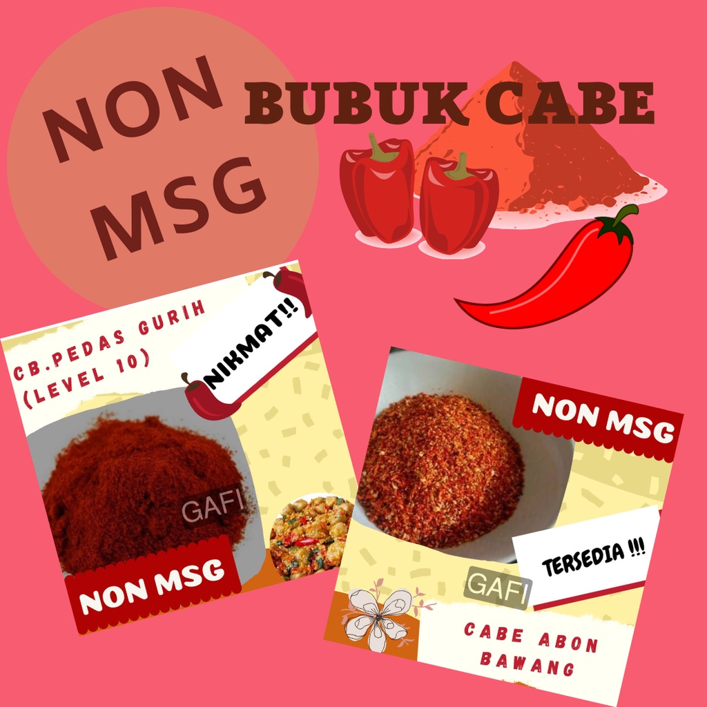 

Bubuk Cabe NON MSG Pedas Aneka Rasa Gurih Nikmat Lezat Halal Murah Berkualitas Abon Bawang Level 10 25 50 Sehat / Jual Bubuk Cabe Harga Terjangkau Juara Mantap (100gr)