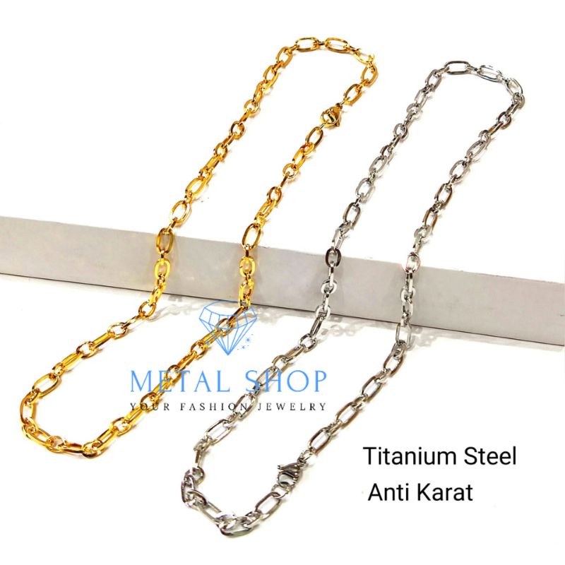 Kalung titanium warna emas model nuri pipih panjang 45cm