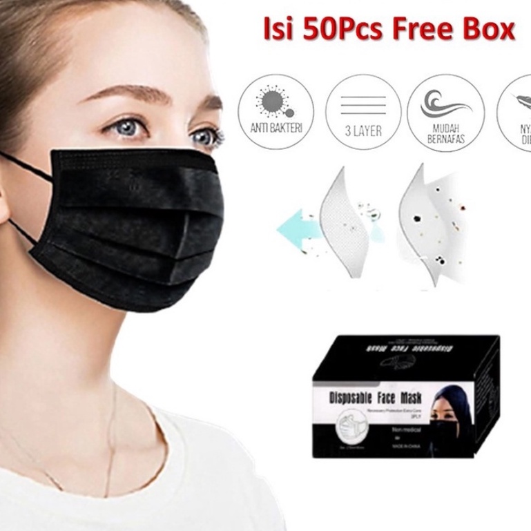 TERMURAH !!! Masker 3ply / Masker Disposable Hitam 3ply / Masker Earloop Black Mask / Black Mask / Masker Hitam isi 10-50pcs