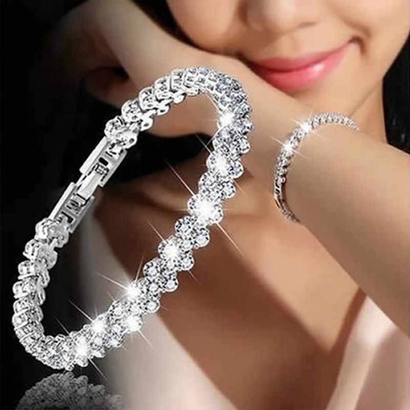 Gelang Kristal Berlian Cubic Zirconia Warna Silver Gold Rose Gold Untuk Pernikahan Wanita