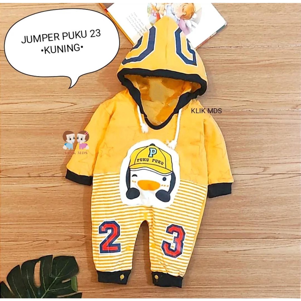 Jumper Bayi Laki-Laki Bodysuit Hoodie Allsize Usia 3- 9 Bulan Motif Puku 23 Tangan Panjang