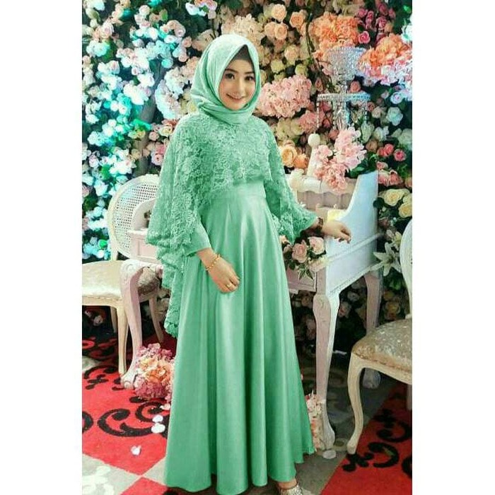 Baju Muslim Gamis Maxy Thiara Brukat Maxi Dress Gamis Muslim Hijau - Hijau Tosca