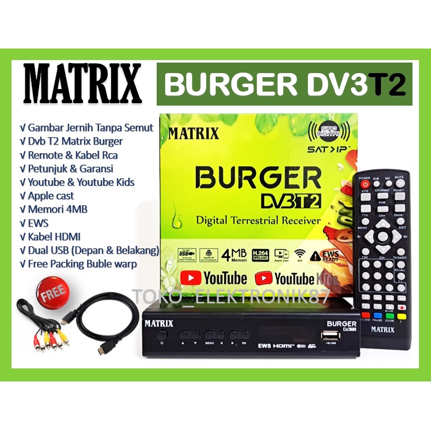 Set Top Box Matrix BURGER DV3 T2 Setopbox Tv Digital (DUS HIJAU) Receiver