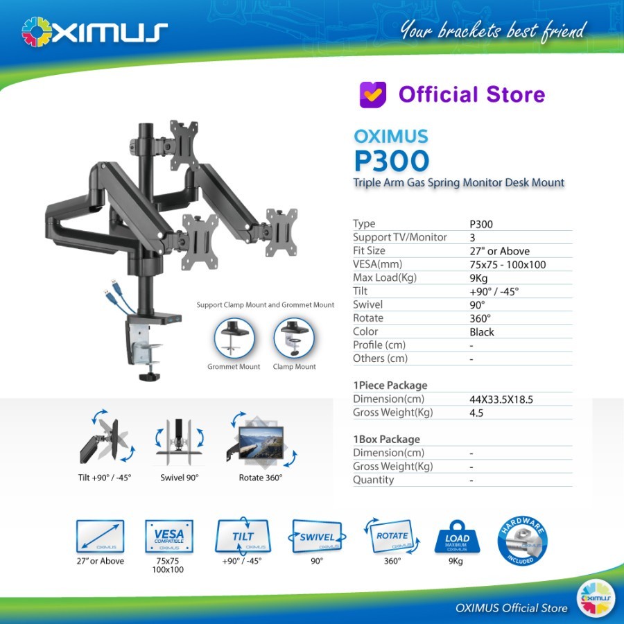 Bracket Monitor Gas Spring OXIMUS P300 USB | Triple Monitor LCD LED