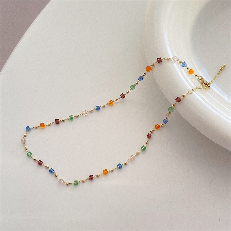 Kalung Gelang Rantai Klavikula Hias Manik-Manik Kristal Warna Permen Gaya Korea Serbaguna