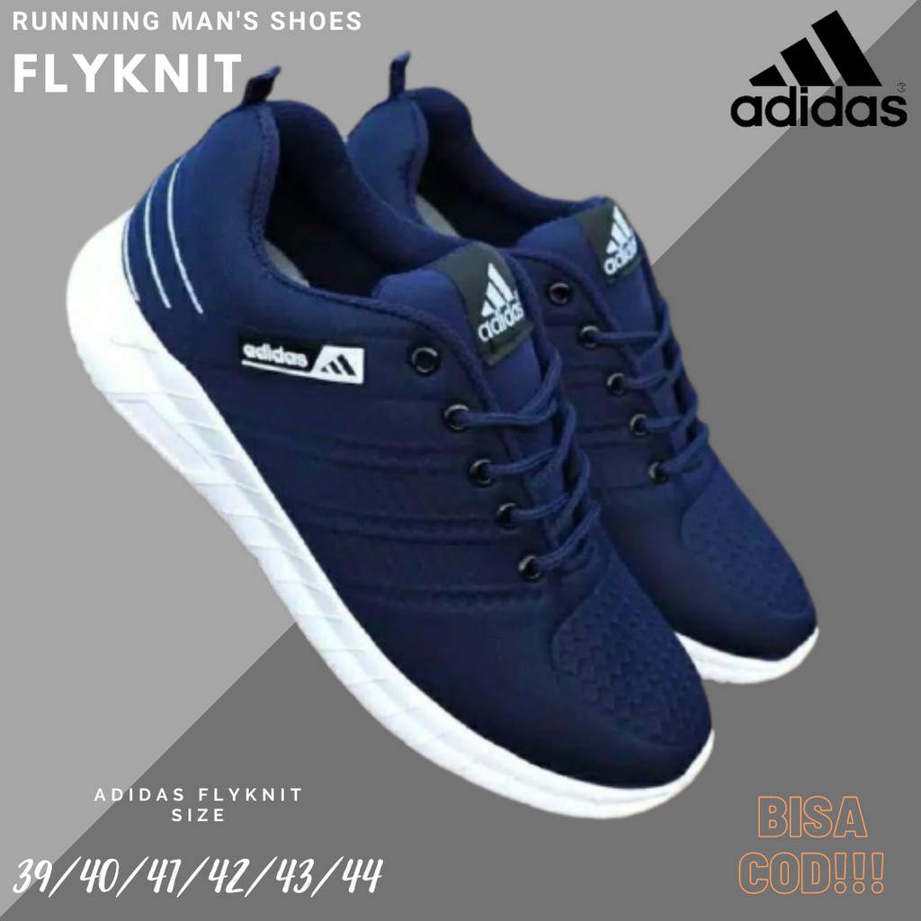 PROMO Sepatu Olahraga Pria Adidas Flyknit Navy Sneakers Cowok Bertali Kasual Runing Gym Sport Murah