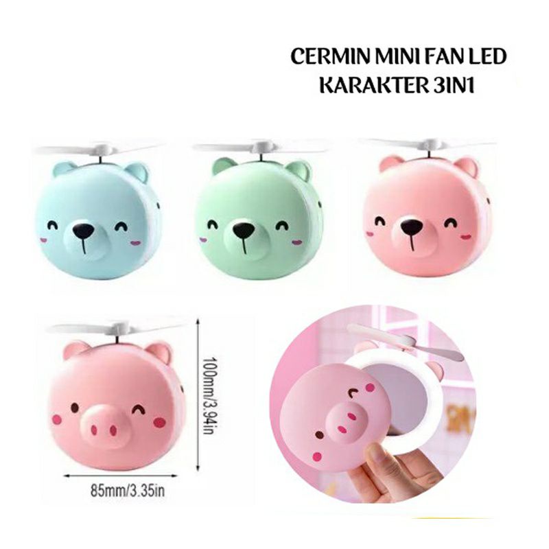 Kipas angin cermin rias pribadi lampu LED portable make up mini 3in1 karakter mini fan mirror