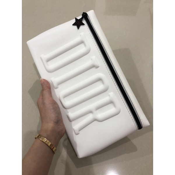 DIOR Pouch Clutch Bag White Leather Big Size