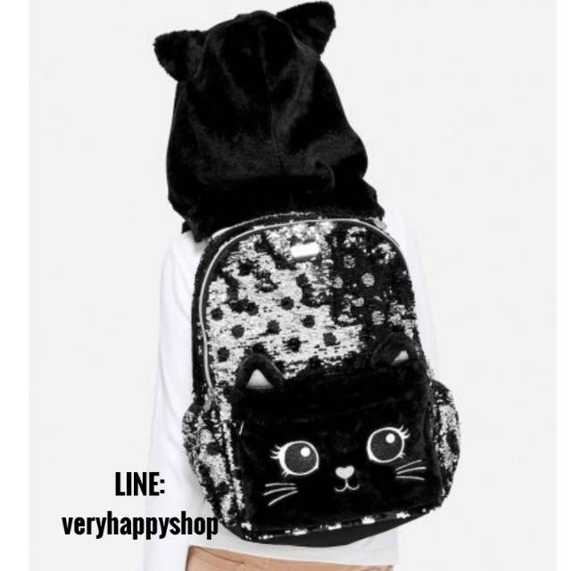 Justice Black Cat Flip Sequin Hooded Backpack kucing hitam ori original murah