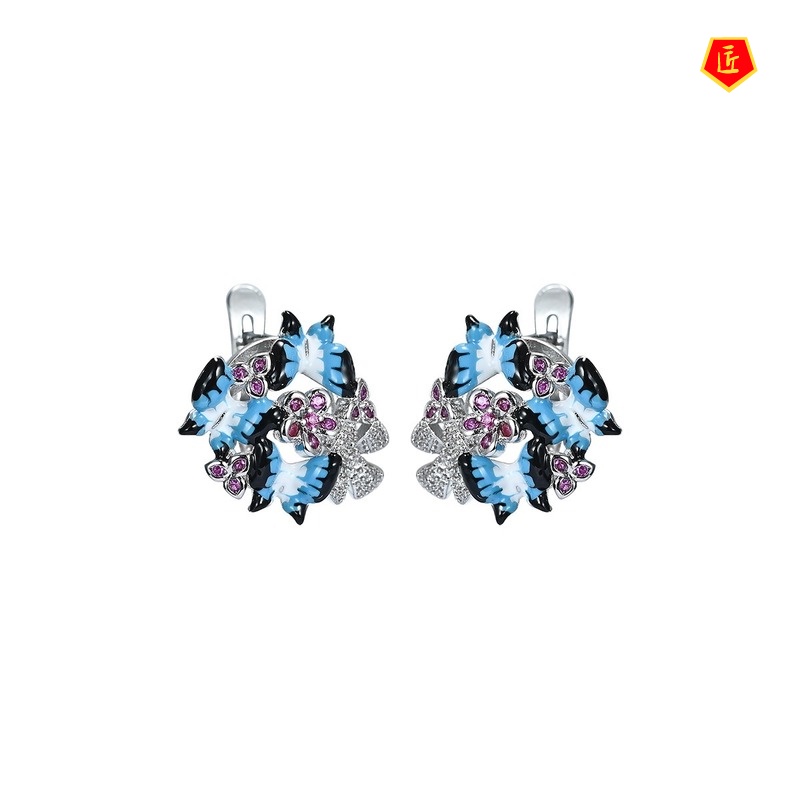 [Ready Stock]Three Butterfly Micro-Inlaid Gem Earrings Enamel Ring Set