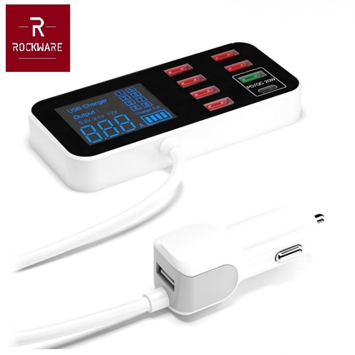 17 ROCKWARE WLX-A9S PLUS - Charger Mobil 40W 8 USB - Support PD dan QC