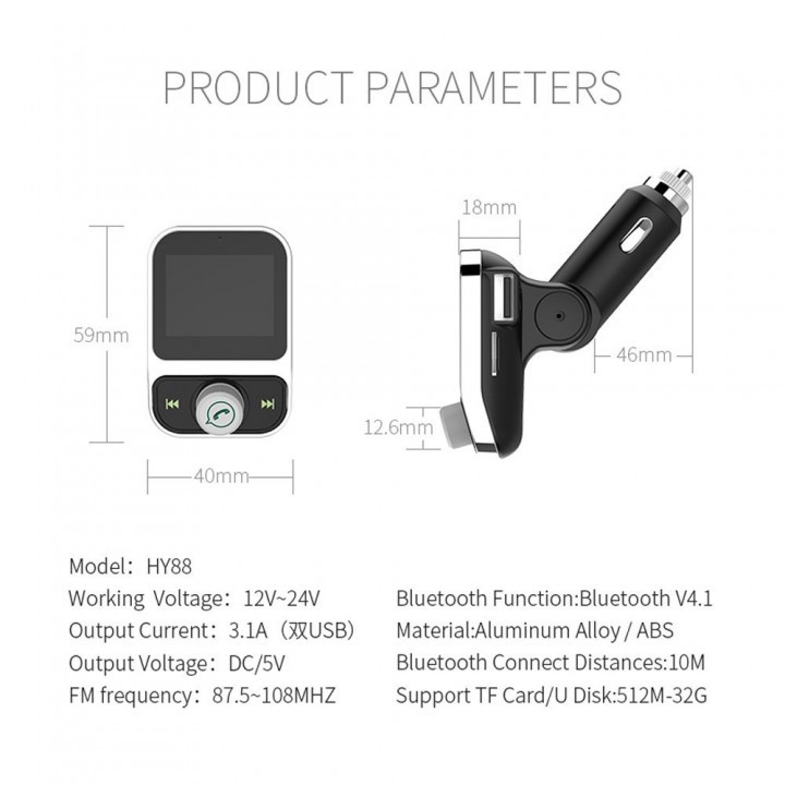 HY-88 Dual USB Car Charger Wireless Bluetooth FM Transmitter Car Kit MP3 Player