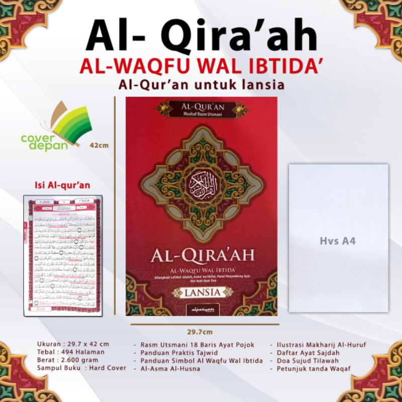 Alquran Al Qiraah Uk A3 Jumbo Al-Qur'an Wakaf ibtida Alqiraah Lansia