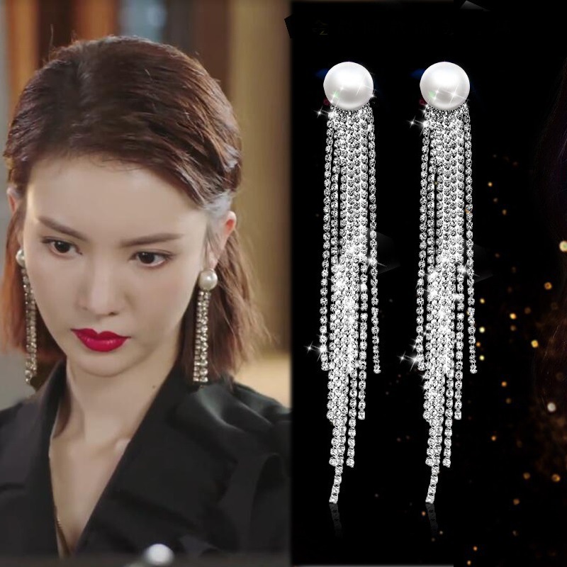 Mengkilap bertatahkan berlian temperamen panjang fringe anting berlebihan anting-anting Korea keprib