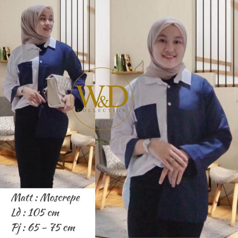 Kemeja Wanita Polos Casual Blouse Basic Kombinasi Warna Lengan Panjang Kekinian  Moscrepe-Nevi Kombi 84