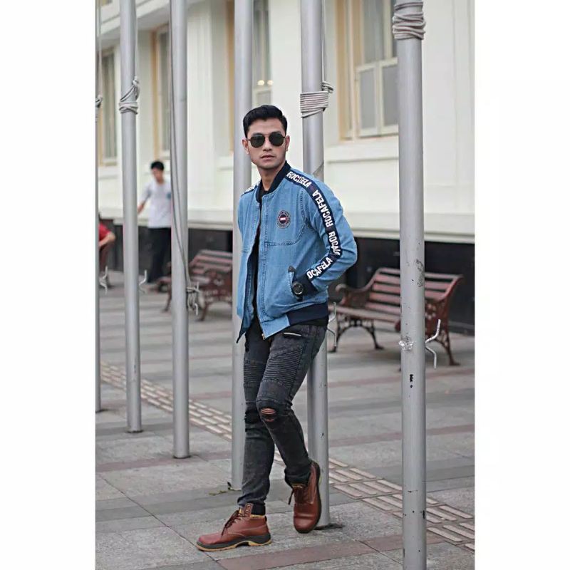 [READY STOCK] JAKET JEANS PRIA / COWOK SENWASH BLUE SANDWASH BOMBER DENIM RCFL / ROCAFELA ORIGINAL