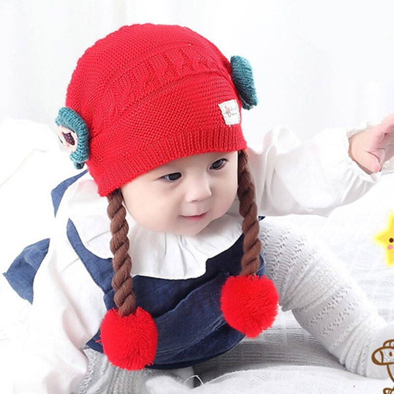 *COD*FH-P19-21 Topi Anak Perempuan Rambut Kepang Topi Bayi Kupluk Rajut Imut Lucu Baby Hat Wig Impor-3