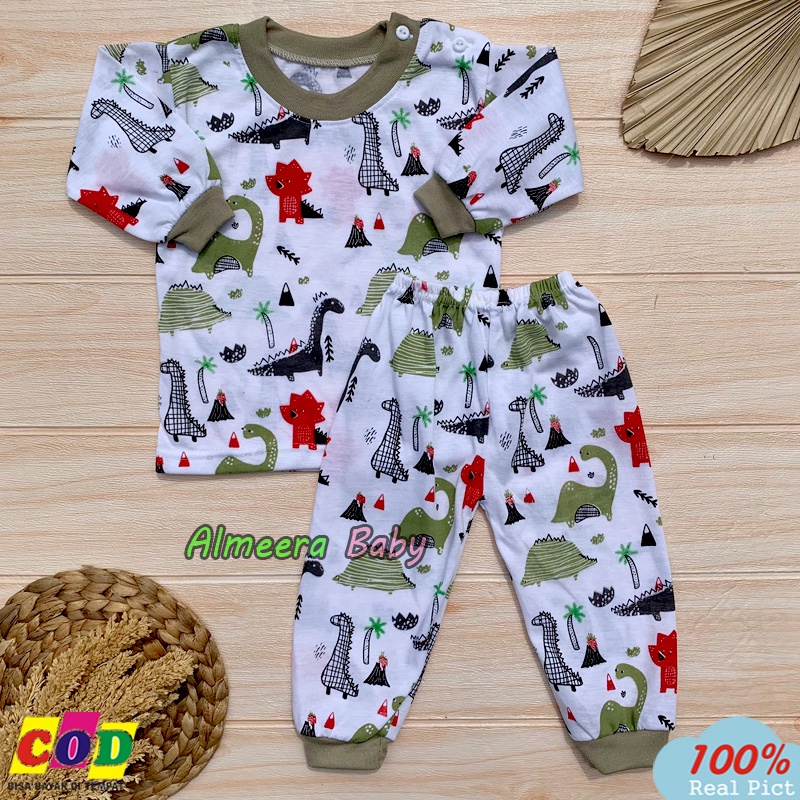 Setelan Piyama Bayi Baju Bayi Lengan Panjang Motif Dino Anak Usia 3-12 Bulan Kancing Bahu Almeera Baby and Kids