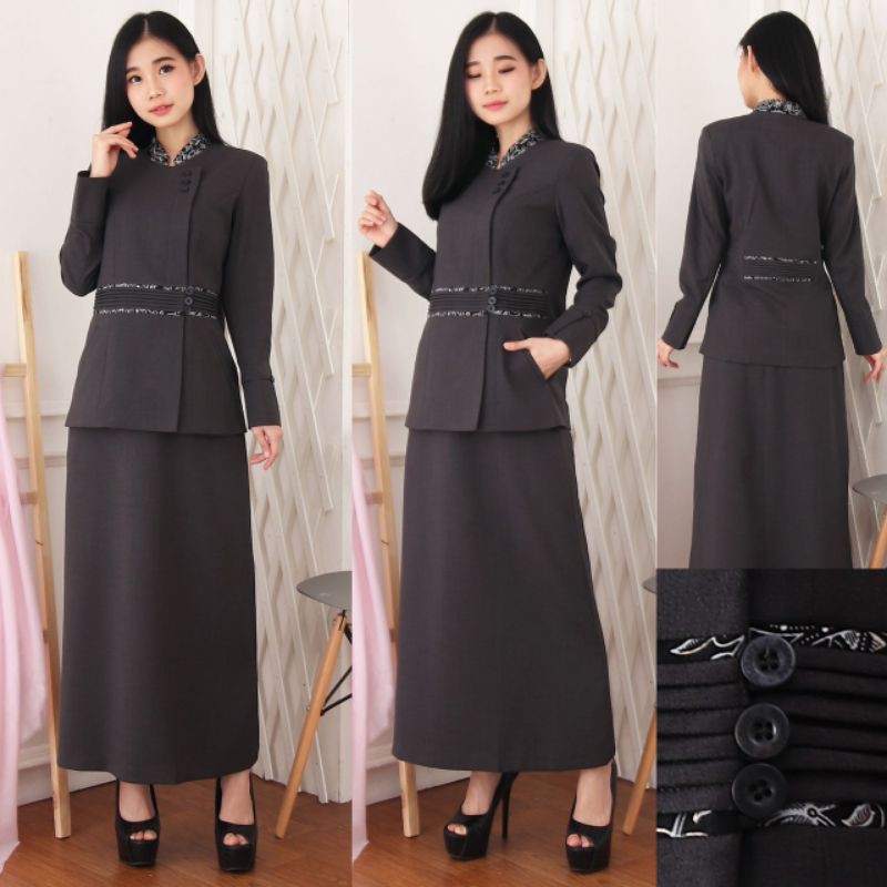 Jas Blazer Batik Wanita Model 7007  Warna Abu Tua Set RokA&Celana.