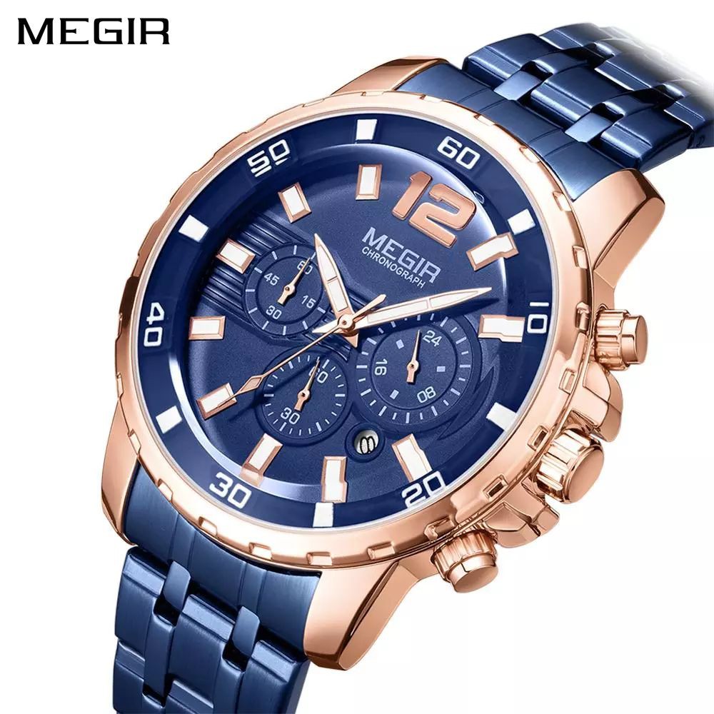 MEGIR 2068 Jam Tangan Pria Analog Chronograph Tali Stainless Luminous WATCHKITE WKOS