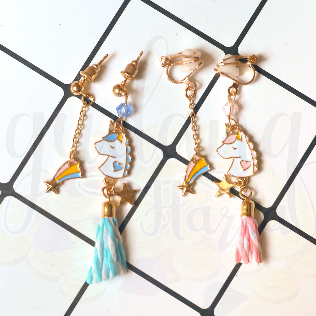 Anting Stud Asimetris Unicorn and Rainbow Anting Jepit Panjang Lucu Unik GH 203306