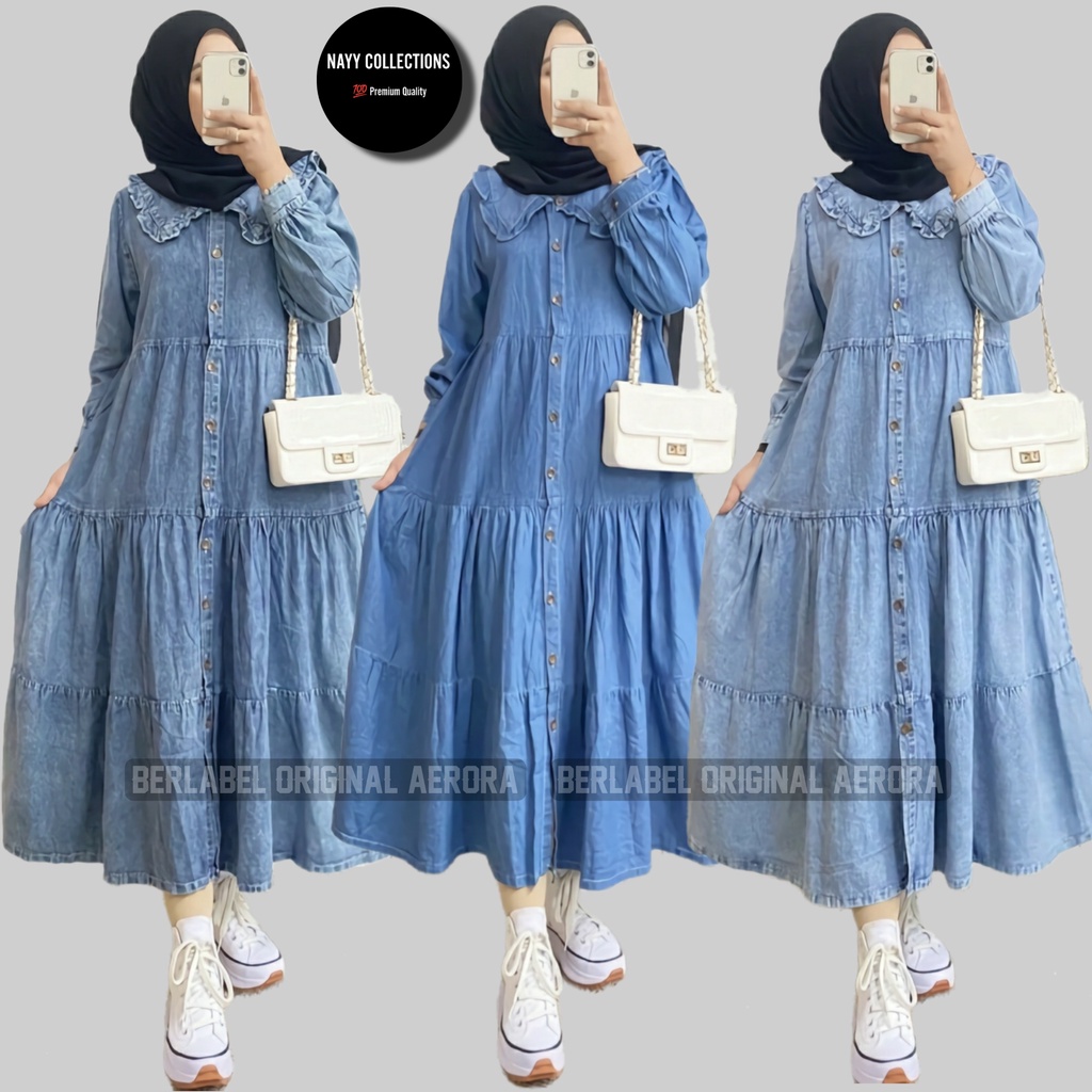 Syakira Midi Dress Dres Jeans Jumbo Korea Muslim Korean Style Wanita Terbaru 2024 Wedding Kondangan 
