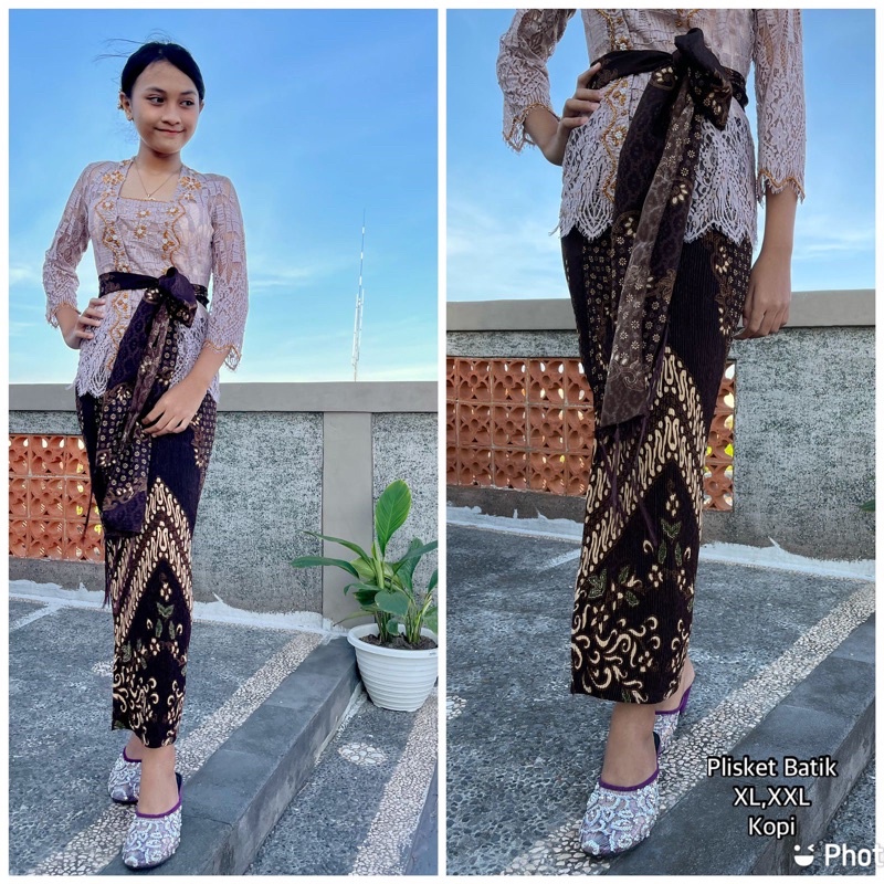 Kamen Plisket Sutra Dobby Plus Selendang//Rok Jadi//Rok Bali/Pakaian Adat Bali-Coklat Kopi