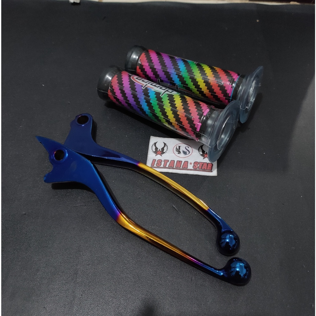 Handle Rem Kopling Variasi Tiger - Sonic - CB 150 - CBR 150 - Satria FU - Verza - GL Pro / Handle Rem Variasi Twotone Tiger - Satria Fu 1 paketan + grip carbon pelangi